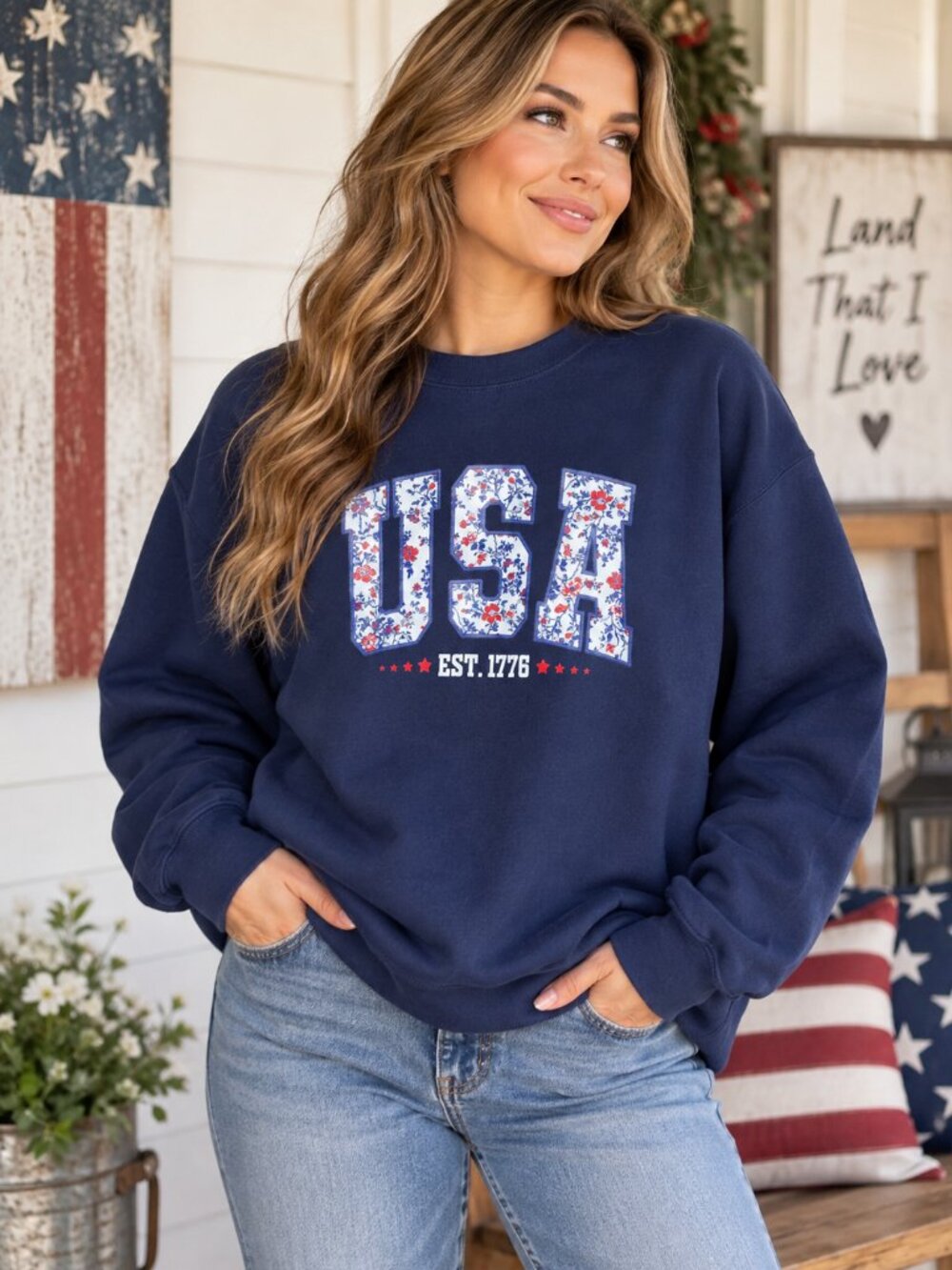 USA Floral Graphic Sweatshirt Women’s Oversized SZ XL Americana Retro USA